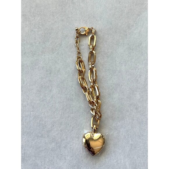 Gold Heart Pendant Charm Bracelet With Lobster Clasp Closure & Chunky Chain Desi - Picture 1 of 4